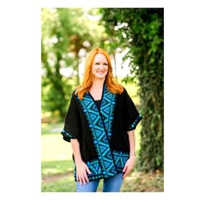 SOLD woman Teal and black Ruana/sweater. S/M NWOT
